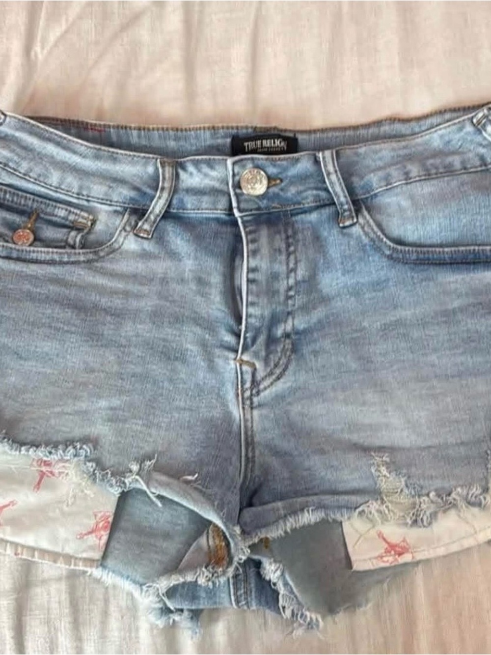 True Religion Faded Light Blue Distressed Denim Shorts
